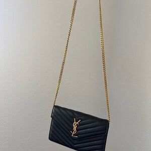 Saint Laurent Black Quilted Leather Crossbody with Gold Chain